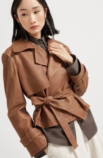 Brunello Cucinelli Vintage Nappa Leather Cropped Trench Coat In Brown