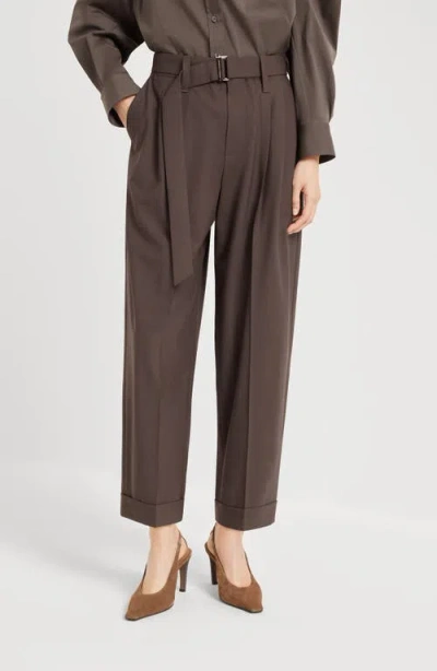 Brunello Cucinelli Tropical Luxury Wool Sartorial Baggy Trousers In Brown
