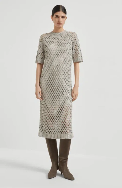 Brunello Cucinelli Net Dazzling Knitted Midi Dress In Gray