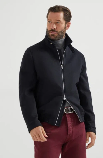 Brunello Cucinelli High Collar Wool Bomber Jacket In Black