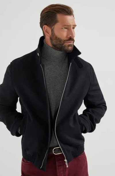 Brunello Cucinelli High Collar Wool Bomber Jacket In Black