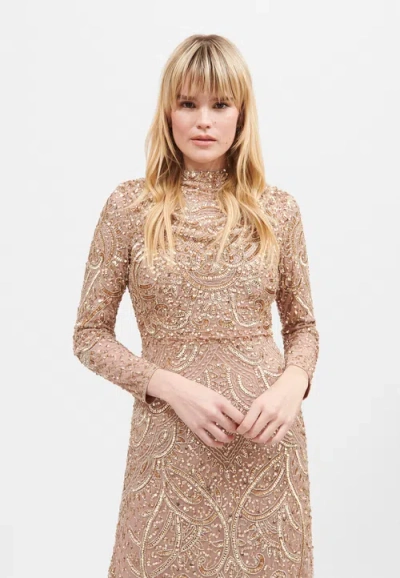 Maryisa Modest Embellished Sequin Beaded Maxi Dress With Cowl Neck And Trail