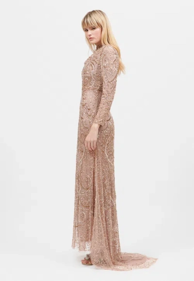 Maryisa Modest Embellished Sequin Beaded Maxi Dress With Cowl Neck And Trail