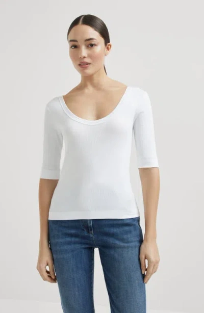 Brunello Cucinelli White U-neck T-shirt With Back Monil Detail In Cotton Woman In White