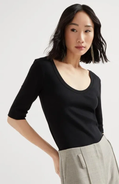 Brunello Cucinelli Ribbed Scoop Neck Short Sleeve Top In Black