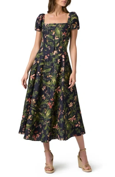 Paige Lindi Cap-sleeve Square-neck Midi Dress In Blue