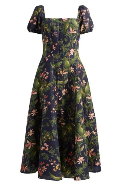 Paige Lindi Cap-sleeve Square-neck Midi Dress In Blue