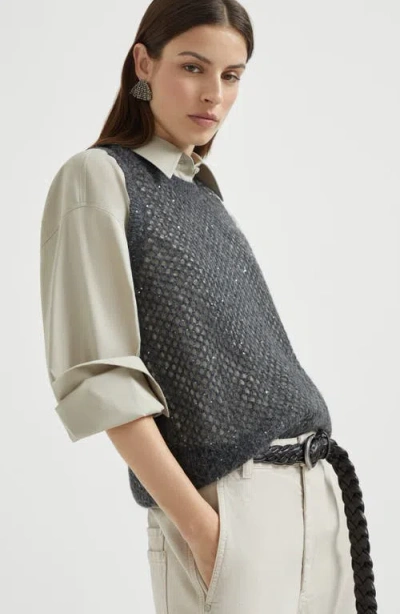 Brunello Cucinelli Dazzling Net Knit Top In Gray
