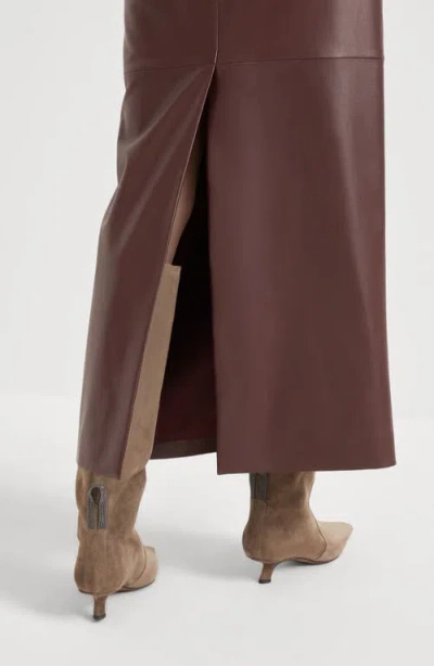 Brunello Cucinelli Nappa Leather Column Maxi Skirt In Brown
