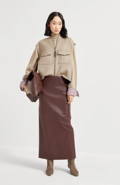 Brunello Cucinelli Nappa Leather Column Maxi Skirt In Brown