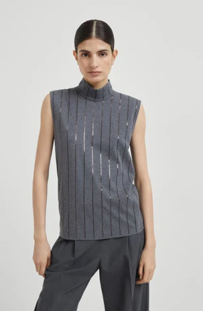 Brunello Cucinelli Sequin High Neck Sleeveless Top With Vertical Stripes In Gray