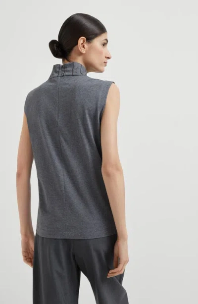 Brunello Cucinelli Sequin High Neck Sleeveless Top With Vertical Stripes In Gray