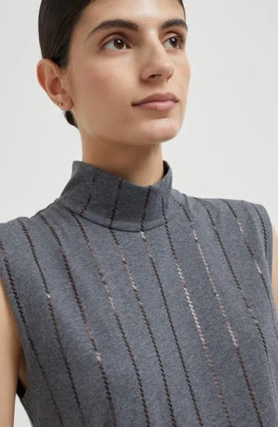 Brunello Cucinelli Sequin High Neck Sleeveless Top With Vertical Stripes In Gray