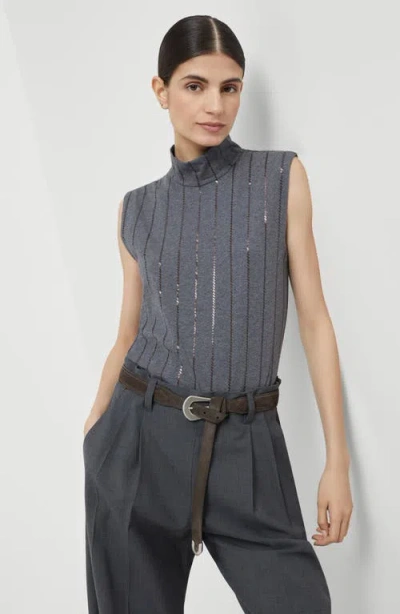Brunello Cucinelli Sequin High Neck Sleeveless Top With Vertical Stripes In Gray