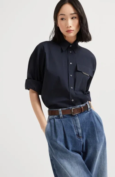 Brunello Cucinelli Cotton-blend Cropped Shirt In Black