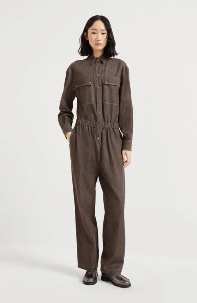 Brunello Cucinelli Lightweight No-fade Denim Jumpsuit In Brown