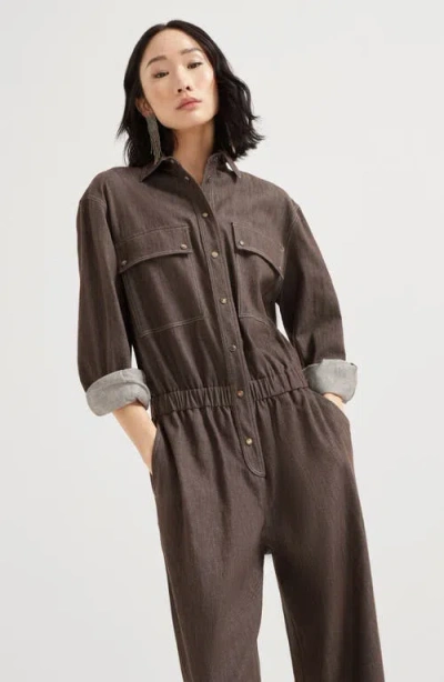 Brunello Cucinelli Lightweight No-fade Denim Jumpsuit In Brown