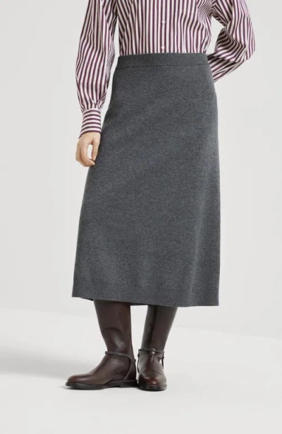 Brunello Cucinelli Longuette Midi Skirt In Stretch Cashmere In Gray