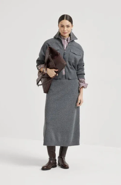 Brunello Cucinelli Longuette Midi Skirt In Stretch Cashmere In Gray
