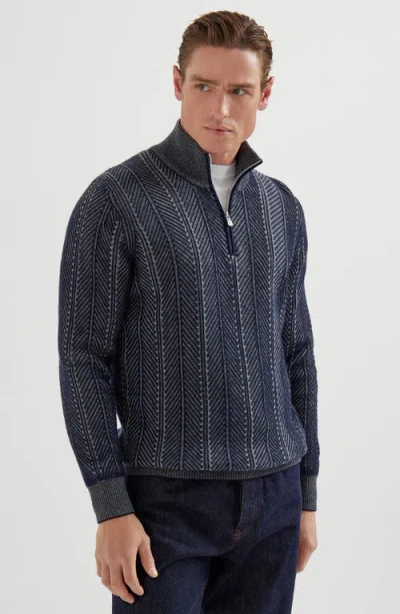 Brunello Cucinelli Men's Cashmere Chevron Vanise Quarter-zip Sweater