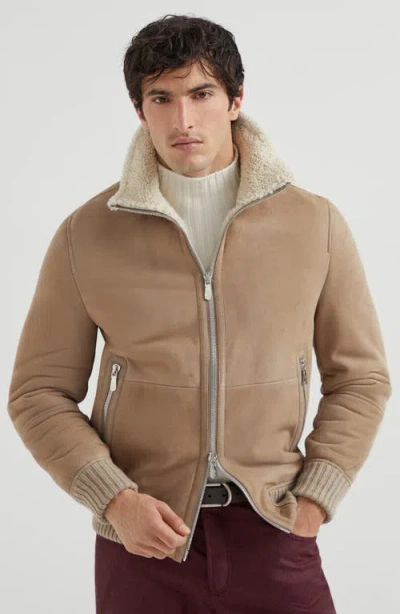Brunello Cucinelli Bomber Jacket With Shearling Collar And Ribbed Finish