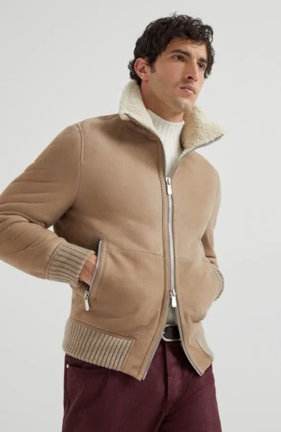 Brunello Cucinelli Bomber Jacket With Shearling Collar And Ribbed Finish