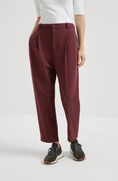 Brunello Cucinelli Cropped Trousers With Elastic Waistband And Pockets In Burgundy