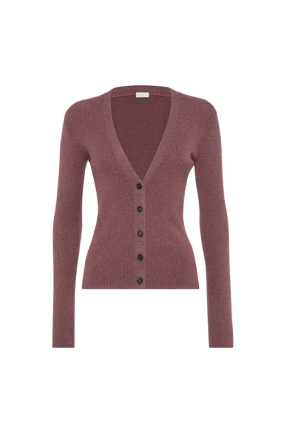 Brunello Cucinelli Stretch Lurex Ribbed Cashmere Cardigan In Pink