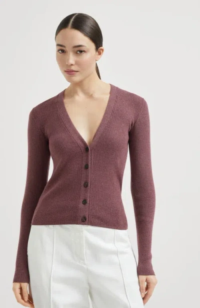Brunello Cucinelli Stretch Lurex Ribbed Cashmere Cardigan In Pink