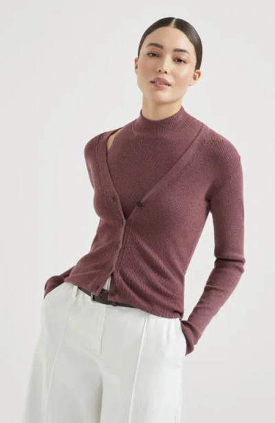 Brunello Cucinelli Stretch Lurex Ribbed Cashmere Cardigan In Pink