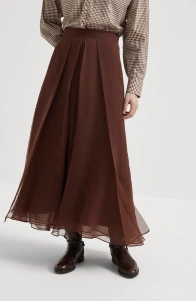Brunello Cucinelli Flared Silk Skirt Sheer Overlay In Brown
