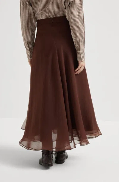 Brunello Cucinelli Flared Silk Skirt Sheer Overlay In Brown