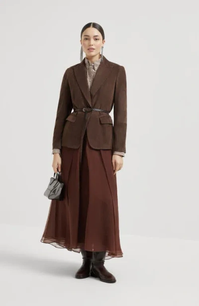 Brunello Cucinelli Flared Silk Skirt Sheer Overlay In Brown