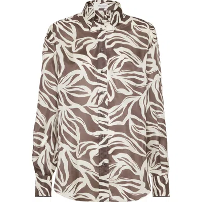 Brunello Cucinelli Collared Floral Pattern Long Sleeves Cuffed Top In Brown