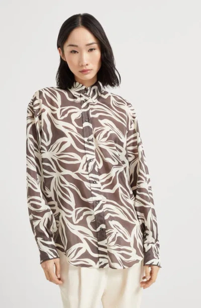 Brunello Cucinelli Collared Floral Pattern Long Sleeves Cuffed Top In Brown