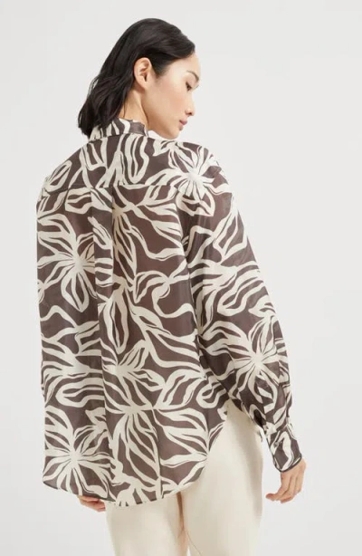 Brunello Cucinelli Collared Floral Pattern Long Sleeves Cuffed Top In Brown