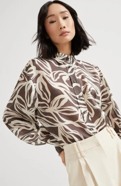 Brunello Cucinelli Collared Floral Pattern Long Sleeves Cuffed Top In Brown