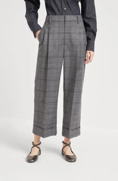 Brunello Cucinelli Grey Prince Of Wales Sartorial Crop Trousers In Gray