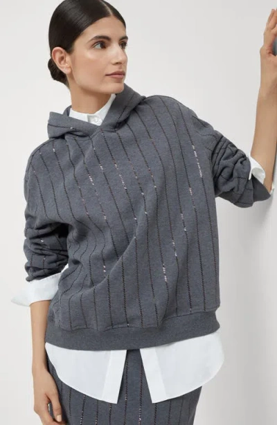 Brunello Cucinelli Cotton Sequin-stripe Hoodie In Gray