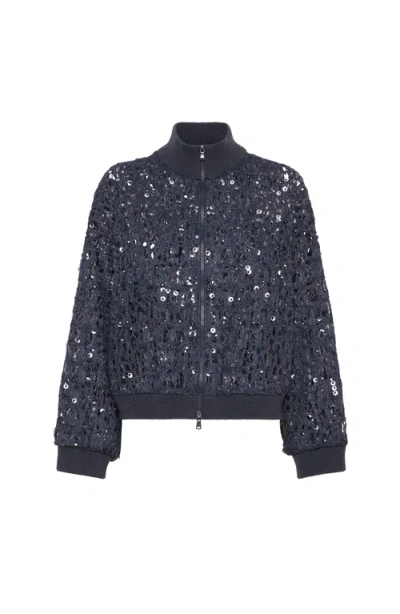 Brunello Cucinelli Dazzling Croc Embroidery Sweaters And Cardigans Blue In Blue