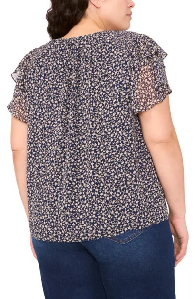 Cece Floral Tie Neck Flutter Sleeve Top In Gray