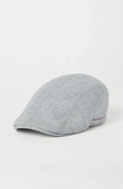 Brunello Cucinelli Virgin Wool Flannel Flat Cap With Embroidery In Gray