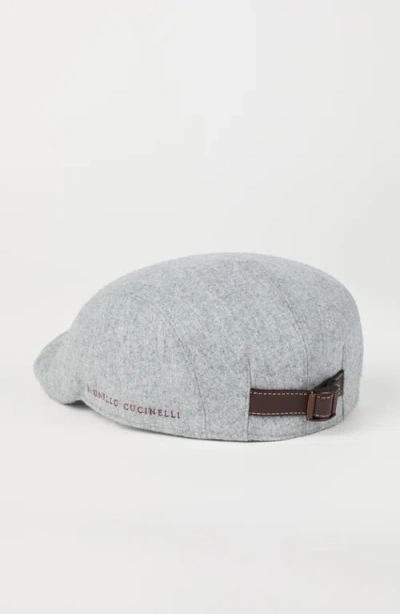 Brunello Cucinelli Virgin Wool Flannel Flat Cap With Embroidery In Gray