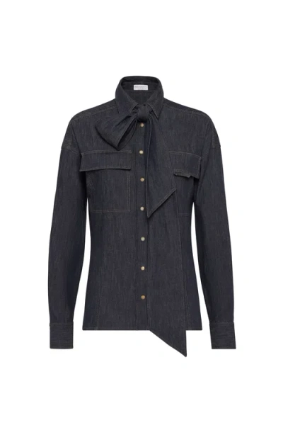 Brunello Cucinelli Bow Pocket Long Sleeve Shirt In Blue
