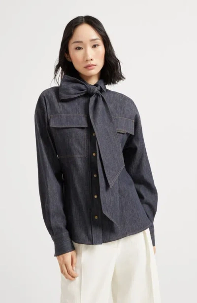 Brunello Cucinelli Bow Pocket Long Sleeve Shirt In Blue