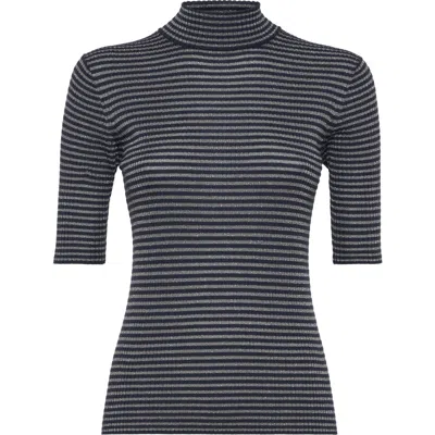 Brunello Cucinelli Shimmering Striped Rib Cashmere Mock-neck Sweater In Black