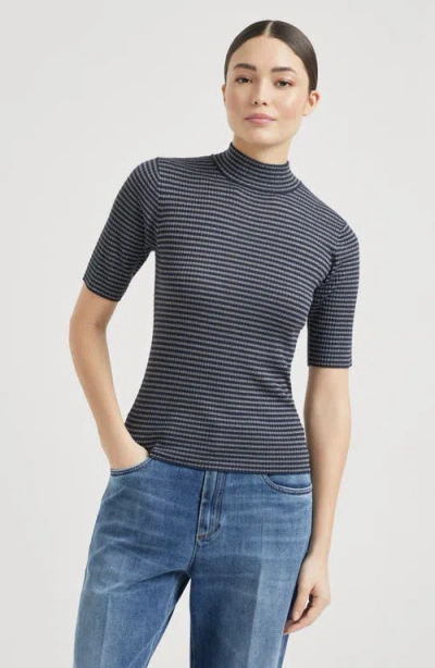 Brunello Cucinelli Shimmering Striped Rib Cashmere Mock-neck Sweater In Black
