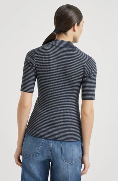 Brunello Cucinelli Shimmering Striped Rib Cashmere Mock-neck Sweater In Black