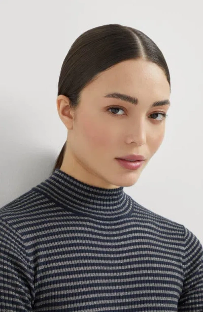 Brunello Cucinelli Shimmering Striped Rib Cashmere Mock-neck Sweater In Black