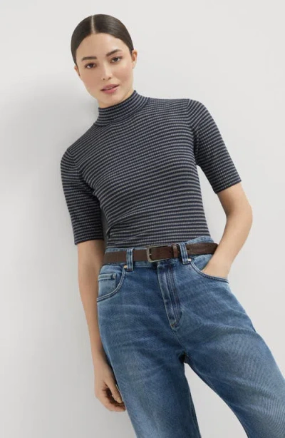 Brunello Cucinelli Shimmering Striped Rib Cashmere Mock-neck Sweater In Black